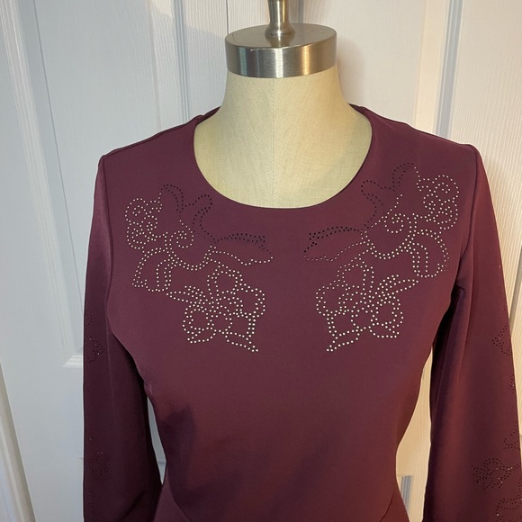 PARKER Orlando Laser Cut Bell Ruffle long Sleeve Dress Raisin Sheath Size 8 - Picture 6 of 9